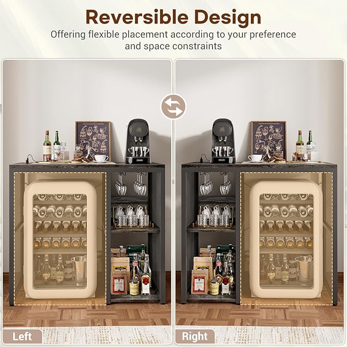 Homieasy Mini Fridge Cabinet with Power Outlet, Coffee Bar Cabinet with Mini Fridge Space, Industrial Liquor Cabinet with Wine Storage & Glass Holder for Dorm, Living Room, Home Kitchen, Grey