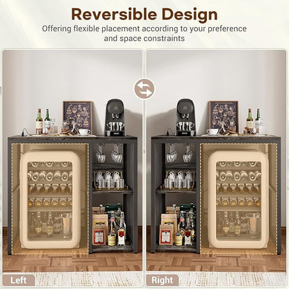 Homieasy Mini Fridge Cabinet with Power Outlet, Coffee Bar Cabinet with Mini Fridge Space, Industrial Liquor Cabinet with Wine Storage & Glass Holder for Dorm, Living Room, Home Kitchen, Grey