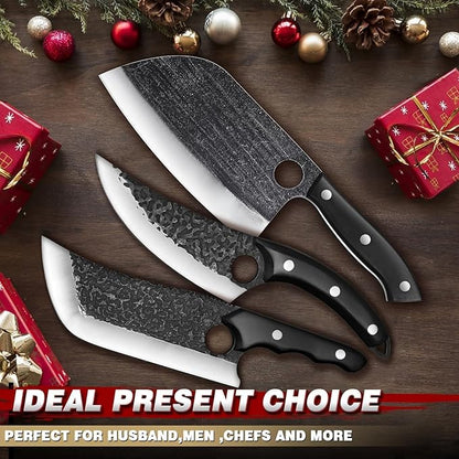 TIJERAS Butcher Knife Set For Meat Cutting, 3PCS Hand Forged Cooking Knives Set With Ergonomic Handle, High Carbon Steel Meat Bone Cleaver for Kitchen Camping BBQ, Birthday Gifts for Men Women