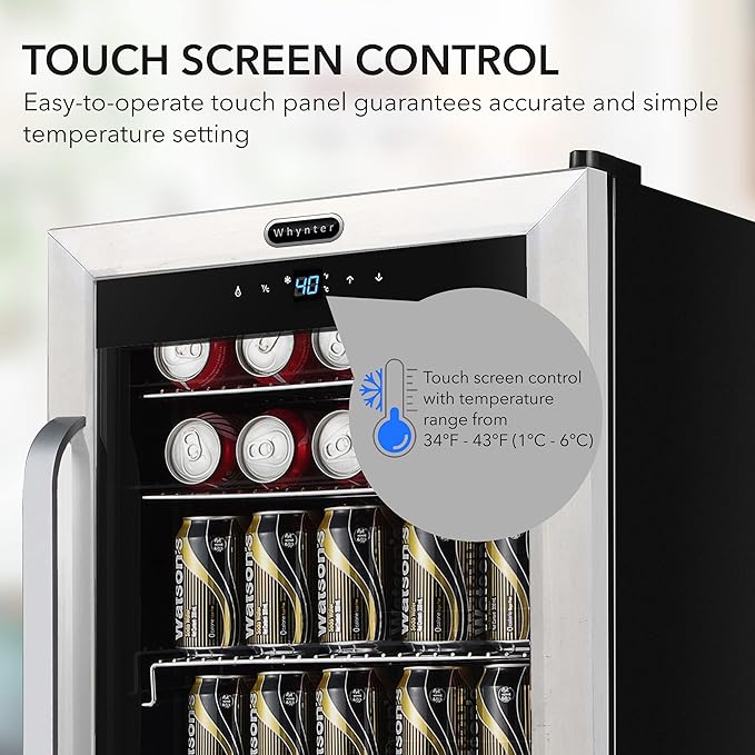 Whynter Beverage Refrigerator with Double-Layer Glass Door, 136-Can 3.4 Cu. Ft. Drink Mini Fridge with Lock & Digital Control, BR-1211DS, Stainless Steel