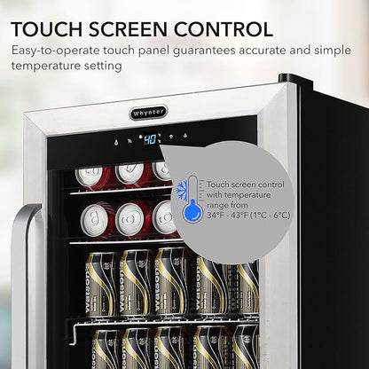 Whynter Beverage Refrigerator with Double-Layer Glass Door, 136-Can 3.4 Cu. Ft. Drink Mini Fridge with Lock & Digital Control, BR-1211DS, Stainless Steel