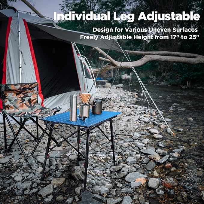 VILLEY Portable Camping Table with Adjustable Legs, Lightweight Aluminum Folding Beach Table with Carrying Bag for Outdoor Cooking, Picnic, Beach, Backyards, BBQ and Party - Blue