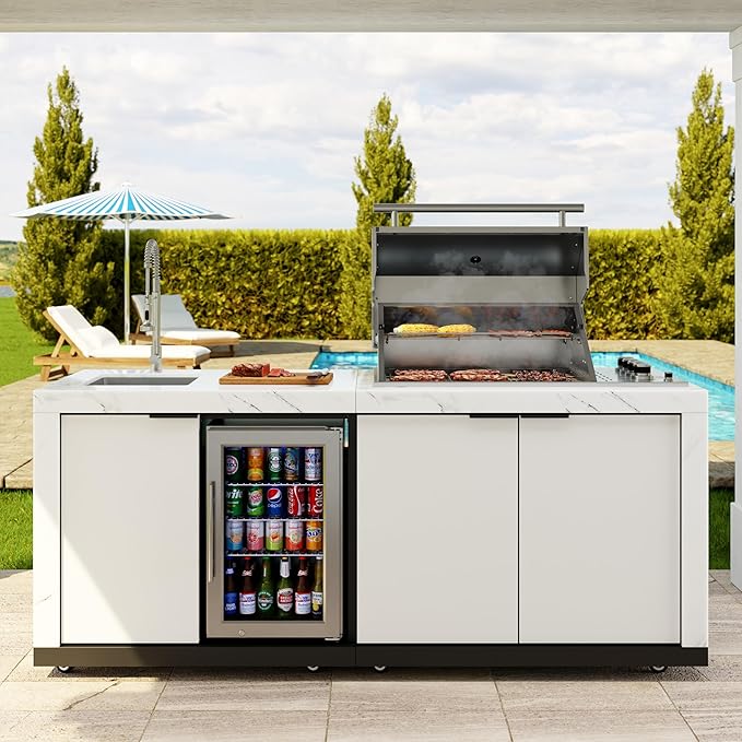 KoolMore Reserve 83 in. Outdoor Kitchen Suite with White Stone Counters and Sides, 4-Burner Grill, Stainless Steel Sink and Faucet