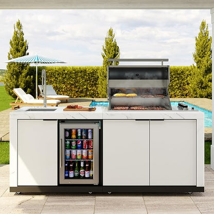 KoolMore Reserve 83 in. Outdoor Kitchen Suite with White Stone Counters and Sides, 4-Burner Grill, Stainless Steel Sink and Faucet