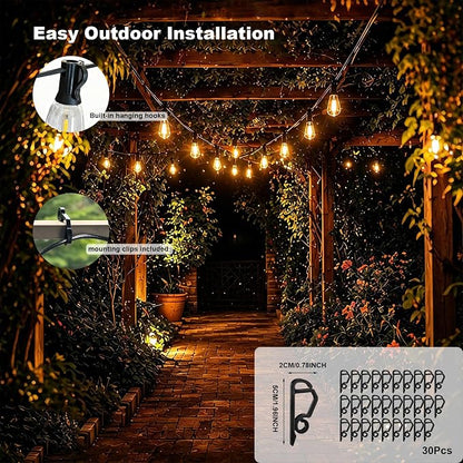 ST38 Outdoor String Lights 65FT, App and Remote, 24V Warm White | 30 ST38 LED bulbs + 1 spare, app and remote control, music sync, dimmable 2700K glow, 30 clips, rain-resistant design