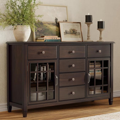 SIMPLIHOME Connaught 60" Wide Solid Wood 3-Door Buffet in Chestnut Brown | Traditional sideboard with adjustable shelves and classic molding for dining rooms; buffet, credenza or server.