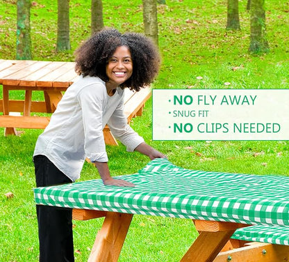 LINPRO 6ft Picnic Table Cover with Bench Covers Vinyl Fitted Picnic Table Covers with Elastic Camping Essentials and Picnic Tablecloth and RV Accessories