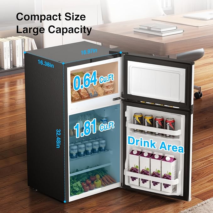 Kismile 2.5 Cu.Ft Mini Fridge with Freezer, Double Door Fridge, Silver | Reversible Door Compact Refrigerator with Mechanical Thermostat & Removable Shelves, Quiet for Bedroom Office