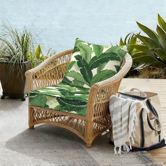DYTXIII Outdoor Deep Seat Cushion Set, Water Repellent 22"x22" Patio Thick Cushions Replacement with Seat & Back Pillow for Patio Sofa, Wicker Chair, Couch - Swaying Palms Green