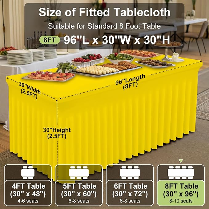 Smiry Spandex Elastic Fitted Table Cloth Skirt for 8FT Rectangle Table | Stretch Washable Table Cloth, Banquet Table Cover for Wedding, Party, Indoor & Trade Shows, (Yellow, 96Lx30Wx30H)