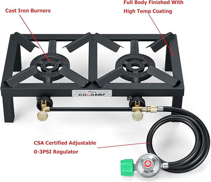 COOKAMP Propane Double Burner Angle Iron Camp Stove with CSA Listed Regulator and 4ft Hose (SA2200)