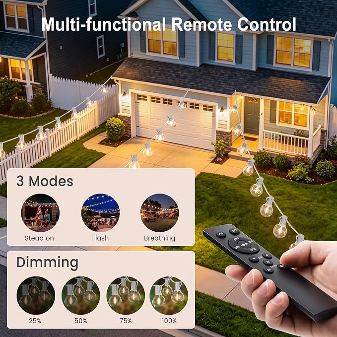 Outdoor-String-Lights with Remote 53FT Waterproof lights for Outside Patio | 12 inch Bulbs Apart,White Cord String Lights,Connectable Dimmable Patio Lights with Remote,Timer,3 Modes for Backyard, Bistro