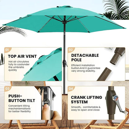 Ayge 7.5FT Large Outdoor Patio Umbrella Market Table Umbrella-UV Resistant, Easy Push Button Tilt and Crank, 6 Sturdy Fiberglass Ribs Heavy-Duty Pool Umbrella for Deck, Backyard,Garden, Yard,Turquoise
