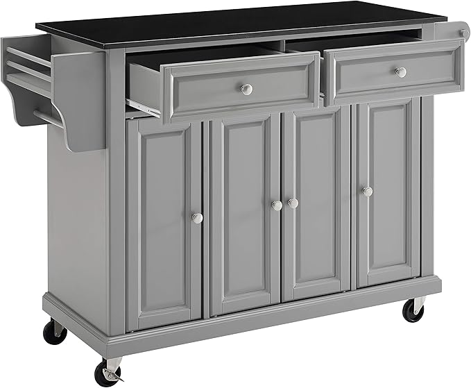 Crosley Furniture Full Size Granite Top Rolling Kitchen Island Storage Cart, Microwave Stand, Spice Rack, Gray