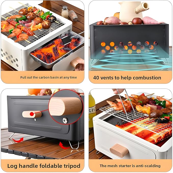 Desktop Charcoal Grill, Charcoals Grills Barbecue Grill Portable BBQ Charcoal Grill for Outdoor Cooking Camping Hiking Picnics Backpacking, Saving Space Grills (Black)