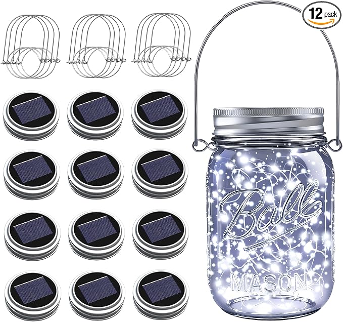 Mason Jar Solar Lights for Outside, 12 Pack 30LED(No Jars) Fairy Lights Mason Jar Solar Lids Outdoor Waterproof String Lights with Hangers for Patio Garden Yard Lawn Decoration - Cool White