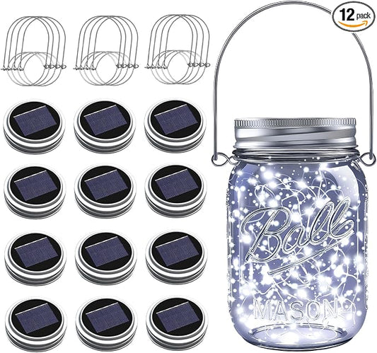 Mason Jar Solar Lights for Outside, 12 Pack 30LED(No Jars) Fairy Lights Mason Jar Solar Lids Outdoor Waterproof String Lights with Hangers for Patio Garden Yard Lawn Decoration - Cool White