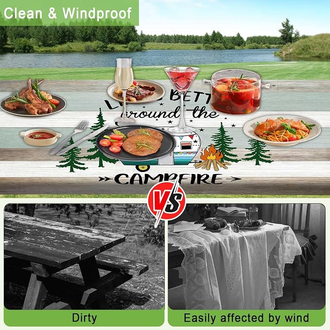 JAWO Picnic Table Cover with Benches, Waterproof Camping Camper Campfire Rustic Wood Fitted Tablecloth for Outdoor Foldable Picnic Table Includes Drawstring Storage Bag 30X72inch