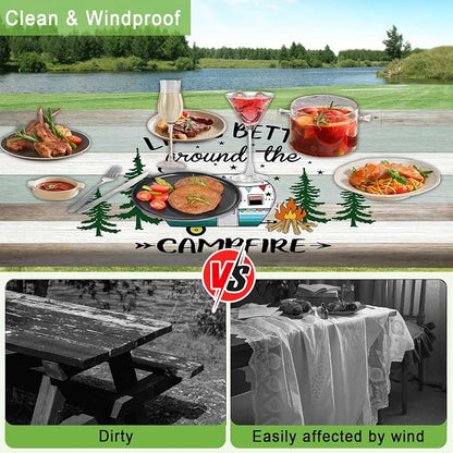 JAWO Picnic Table Cover with Benches, Waterproof Camping Camper Campfire Rustic Wood Fitted Tablecloth for Outdoor Foldable Picnic Table Includes Drawstring Storage Bag 30X60inch