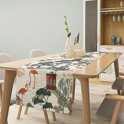 Vintage Oriental Landscape Table Runner Chinese Japanese Chinoiserie Tropical Trees Flamingo Seasonal Summer Holiday Dinner Runner for Wedding Party Kitchen Dining Decor 13x120in