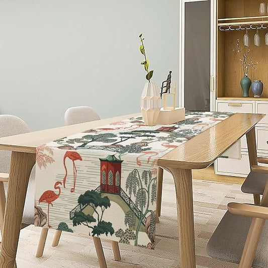 Vintage Oriental Landscape Table Runner Chinese Japanese Chinoiserie Tropical Trees Flamingo Seasonal Summer Holiday Dinner Runner for Wedding Party Kitchen Dining Decor 13x70in