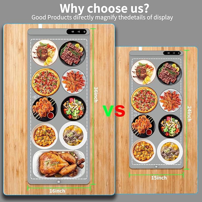 Food Warming Mat Extra Large, Electric Warming Tray with 6 Temperature Settings and Hours Timer, Full Surface Heating Food Warmer Mat, Silicone Heating Tray for Gatherings Parties, Grey