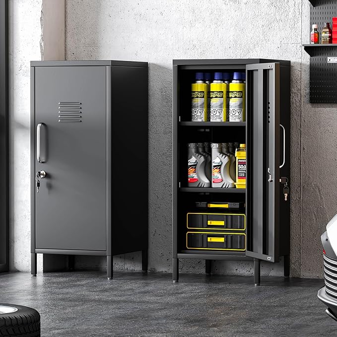 Black Metal Locker Cabinet, 35.4" H Home Office Storage Lockers, Vertical Steel Storage Cabinet with Locking Door and 2 Adjustable Shelves, Garage Tool File Cabinets for Home Office,Garage,Bathroom