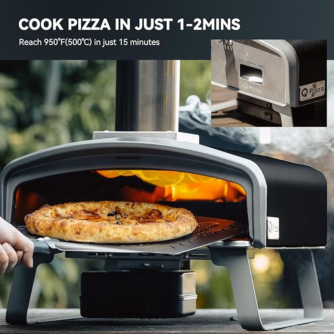 Wood Pellet Pizza Oven with Rotatable Stone, Portable Pellet Pizza Oven with Chimney and Door, Outdoor Pizza Stove for Backyard, Camping, Picnicking, RV, Tailgating, PS106