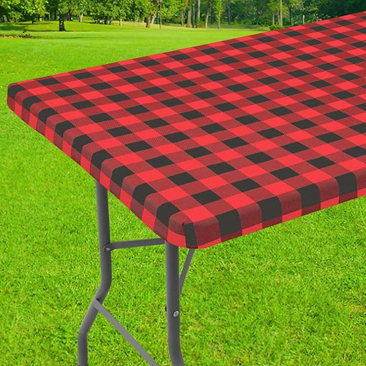 Smiry Rectangle Picnic Table Cloth, Elastic Waterproof Fitted Vinyl Tablecloths, Flannel Backed Buffalo Plaid Table Covers for Dining, Camping, Outdoor (Black and Red, 30" x 96")