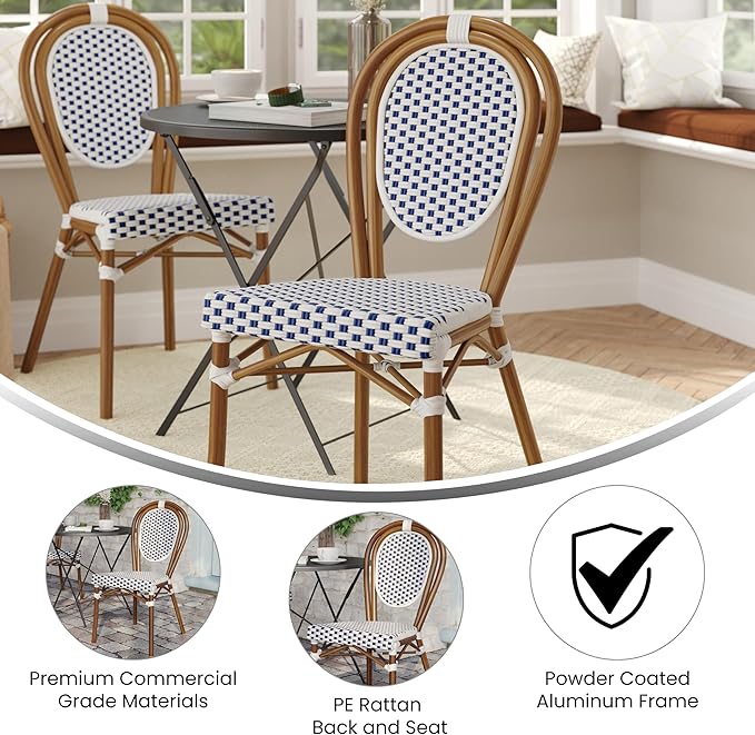 Flash Furniture Lourdes Indoor/Outdoor Commercial Thonet Bistro Stack Chair - White/Navy PE Rattan Back and Seat - Natural Bamboo Print Metal Frame