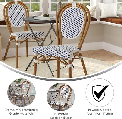 Flash Furniture Lourdes Indoor/Outdoor Commercial Thonet Bistro Stack Chair - White/Navy PE Rattan Back and Seat - Natural Bamboo Print Metal Frame