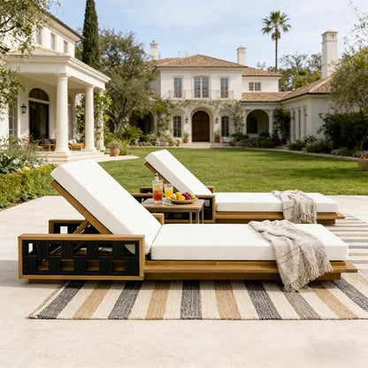 Merax Outdoor Chaise Lounge Set of 2, Acacia Wood Patio Reclining Chairs with 4-Position Adjustable Backrest, 2-Piece Sunbathing Recliner & 4" Thick Double-fold Cushion for Poolside, Garden, Beige