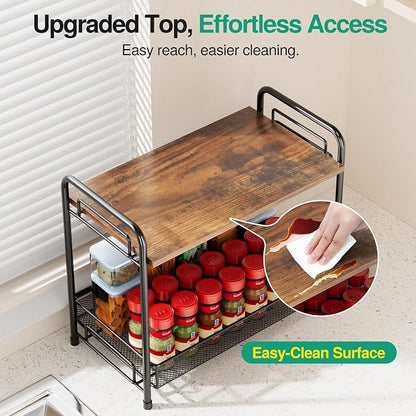 Spice Rack Organizer for Countertop with Wood Top, 2-Tier Foldable Metal Rust-Proof Standing Large Seasoning Storage Shelf with Guardrail & Mesh Design for Kitchen Cabinet Living Room, Black
