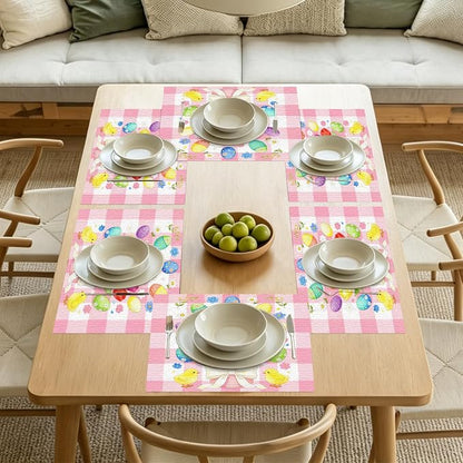 Nuxovilar Tablerunner and Placemats Set of 7 Pink Plaid Easter Bunny & Chick Design Linen Square Placemats for Dining Dining Sets and Accessories Family Breakfast, Easter Party, Friend Gatherings