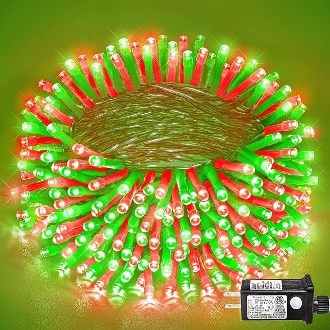 131FT 400 LED Outdoor String Lights, Red and Green Christmas Lights Indoor | Plug in Waterproof 8 Modes Clear Wire String Twinkle Lights for Bedroom Outside Patio Yard Xmas Party Wedding Decorations