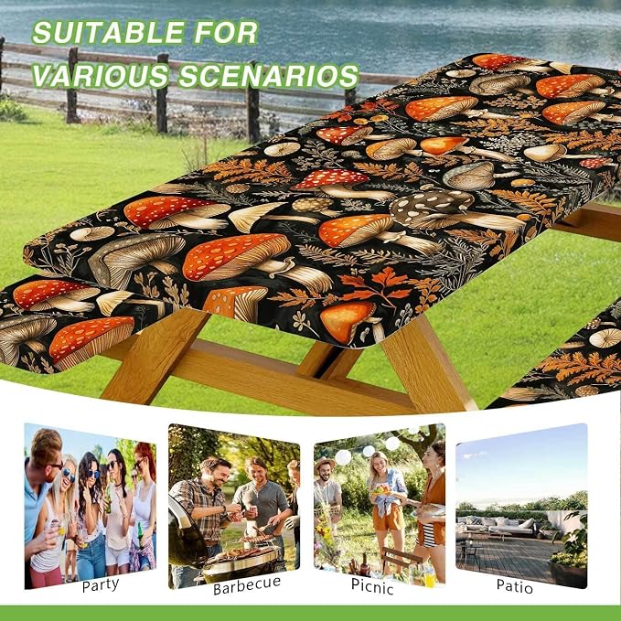 Picnic Table Cover with Bench Covers Elastic Edges, Black Mushroom Vintage Fitted Table Cover, Outdoor Patio Camping Essentials 3PCS, Waterproof Camping Tablecloth with Drawstring Bag 72in