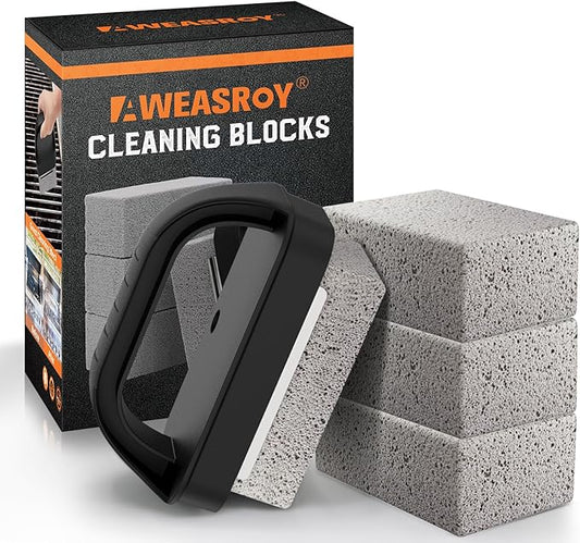 AWEASROY Heavy Duty Grill Cleaner, Grill Cleaning Bricks with Handle, Pumice Griddle Cleaning Stone Removing Stains for BBQ, Swimming Pool, Sink(4 Pack)