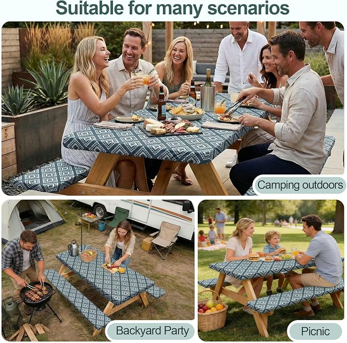 Picnic Table Cover Bench Covers Camping Essentials Tablecloth | Waterproof Vinyl for Outdoor, Windproof Elastic Fitted Edges, RV BBQ Accessories Must Haves, Storage Bag Included