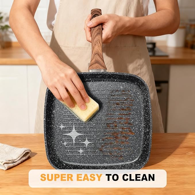NEWBULIG 3-Piece Nonstick Grill Pan Set, Square Griddle Pans with Wooden Handles, Induction Cooktop Compatible, Nonstick Cookware for Steak, BBQ, Vegetables, Black, 9.5, 10.2, 11 Inch