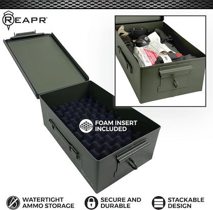 Reapr Steel Ammo Can, Heavy Duty Locking Metal Ammo Storage Box, Airtight and Watertight 30 Cal or 50 Cal Case for Rifle, Shotgun, Pistol, Military Footlocker Style Tool and Gear Organizer