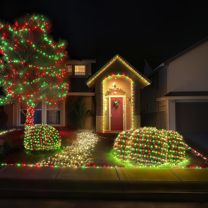 BlcTec Outdoor Christmas Lights 360 LED 9.8ft x 6.6ft Christmas Net Lights with 8 Modes, UL Certified, Timer, Connectable, Waterproof for Bushes, Shrubs, Yard Outdoor Xmas Decorations, Red Green