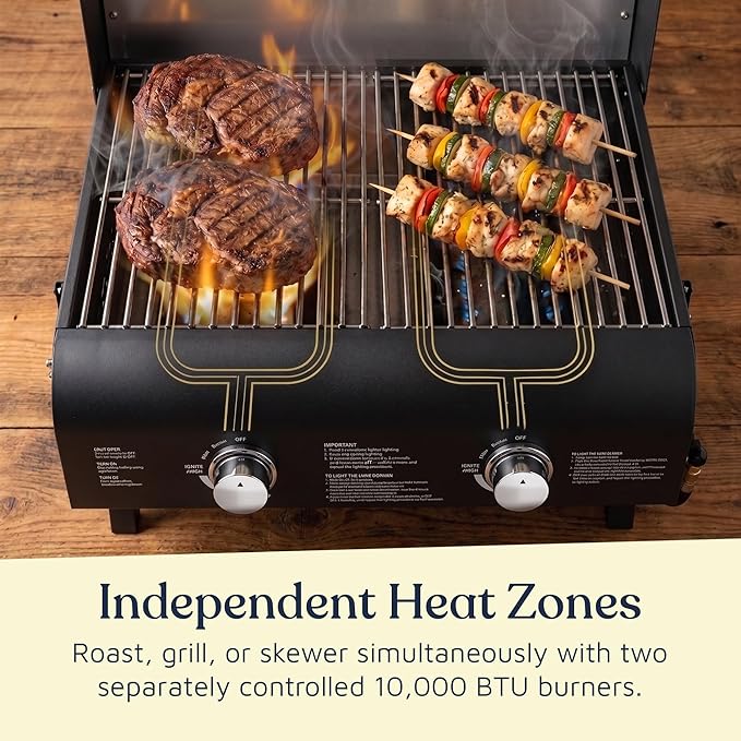 Black Portable Gas Grill, Dual 10,000 BTU Burners, 275 Sq.In Cooking Space, Push-to-Start Ignition, Wind-Proof Lid with Built-in Thermometer, Perfect for Camping Tailgates & Backyard BBQ Cookouts