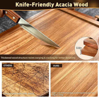 2 Set Acacia Wood Steak Plates Board with Knife Fork Ramekins,Knife-Friendly Food Serving Tray Deep Juice Groove Charcuterie Meat Cutting Boards for Dinner BBQ Party Restaurant & Housewarming Gifts