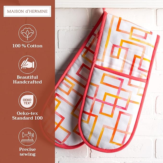 Maison d' Hermine Double Oven Mitts 100% Cotton 7"x35" Double Oven Mitt Heat Resistant BBQ Cooking Gloves with Loop Baking Grilling Kitchen Hotel Home Farmhouse Spring Summer (Summer Maze)