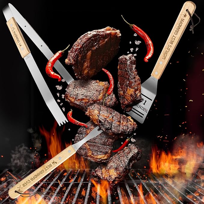 Haooryx Grandpa Grilling BBQ Tool Accessories Set - 3Pcs Best Grandpa Ever Stainless Steel Grilling Spatula Tong Fork Father's Day Birthday Present Outdoor Camping Barbecue Housewarming Party Supplies