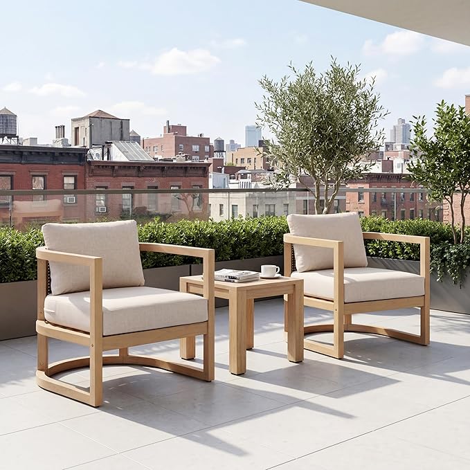 Merax Outdoor Acacia Wood Club Armchair wtih Cushions Set of 2, Patio Sofa Chair with Rattan-Woven Back, Sturdy Base for Porch, Lawn, Backyard, Balcony, Light Teak