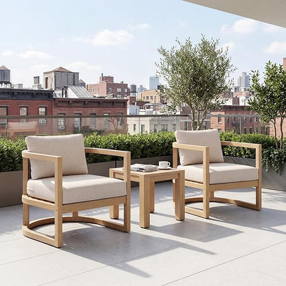 Merax Outdoor Acacia Wood Club Armchair wtih Cushions Set of 2, Patio Sofa Chair with Rattan-Woven Back, Sturdy Base for Porch, Lawn, Backyard, Balcony, Light Teak