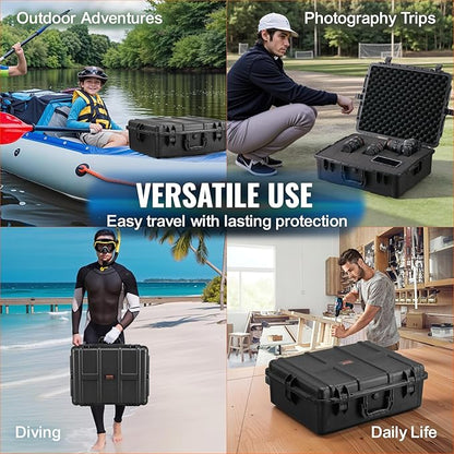 VEVOR Weatherproof Hard Case, Heavy Duty Protective Dry Box with Pre-cut Foam, and Retractable Pull Handles for Travel, Hunting, Military, Tactical, IP67 Waterproof Case for Cameras (24.4×19.3×8.9)