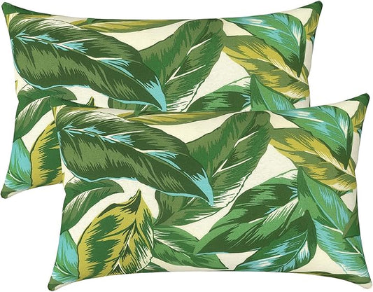 LVTXIII Set of 2 Patio Lumbar Pillow Covers ONLY, 12" x 20" Fade Resistant Outdoor Lumbar Pillow Cases, Fluffy Decorative Garden Lumbar Cushions Covers for Home Patio Coach Sofa Use, Lush Leaf Jungle