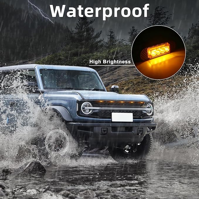 5 Pcs Grille Lights Compatible with 2021 2022 2023 2024 Ford Bronco Badlands, Wildtrak, Everglades 2/4-Door - LED Front Grille Lights Accessories with Fuse & Harness(Amber Light)